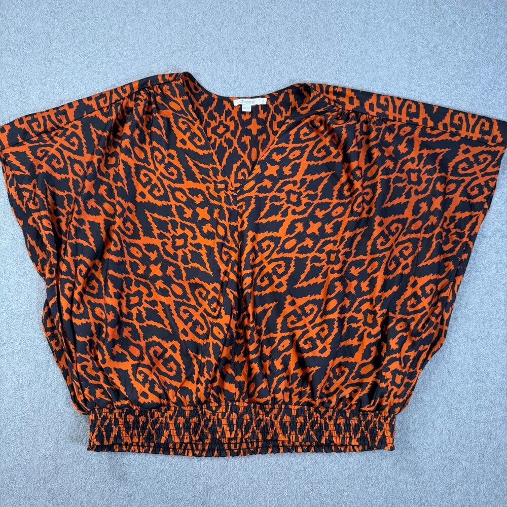 Chico's Satin Ikat Boxy Blouse Women's 20 Banded Waist Orange Black V-Neck